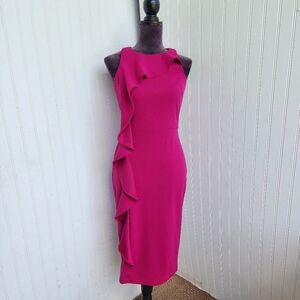 Rachel Zoe Women Sleeveless Pencil Bodycon Midi Dress Ruffle Hot Pink Stretch S
